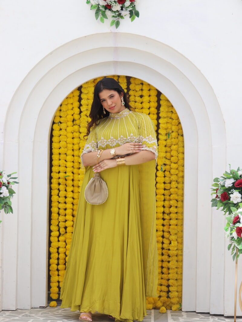 Mustard Yellow Embroidered Cape Style Anarkali Set