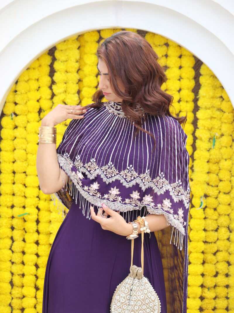 Purple Embroidered Cape Style Anarkali Gown