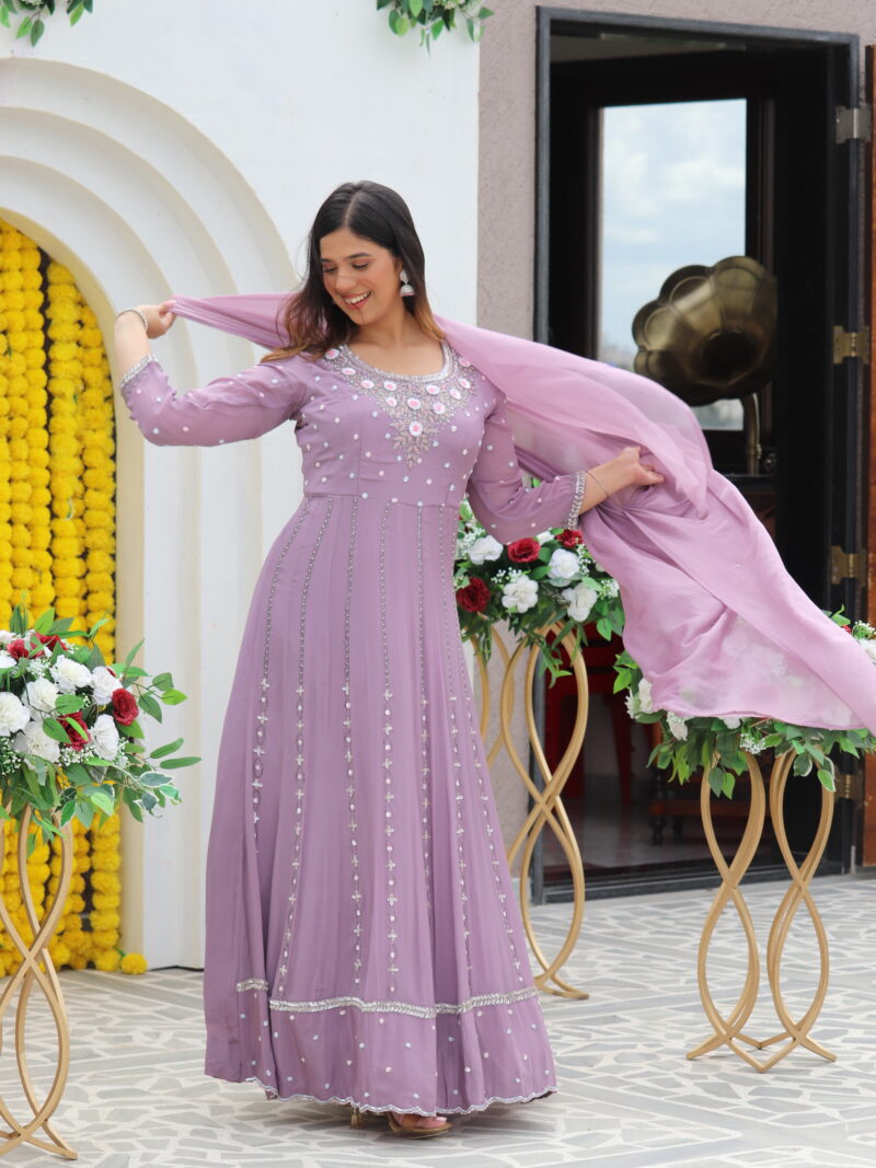 Mauve Embroidered Anarkali Gown with Dupatta