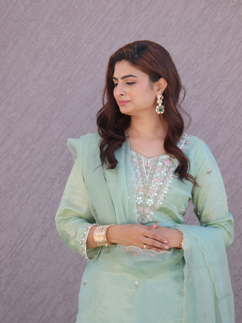 Mint Green Embroidered Kurta Pant Set with Dupatta