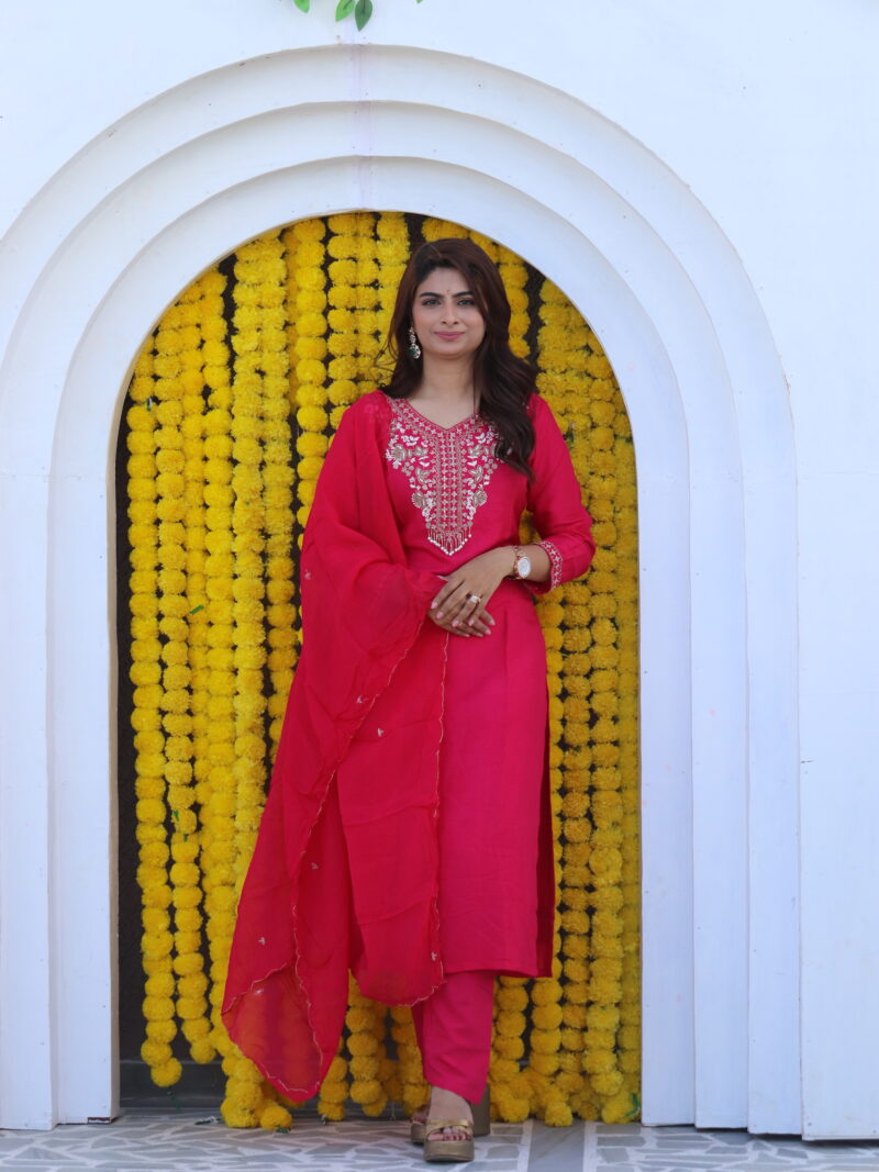 Rani Pink Hand Embroidered Kurta Set with Dupatta