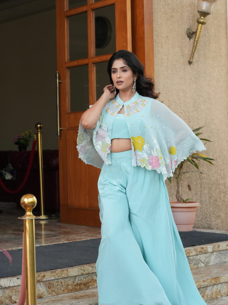 Sky Blue Embroidered Cape Style Palazzo Set