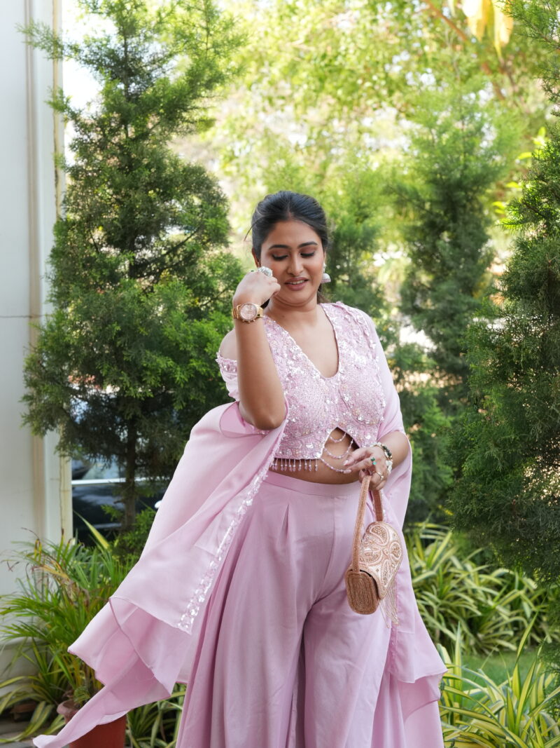 Blush Pink Embroidered Cape Style Palazzo Set