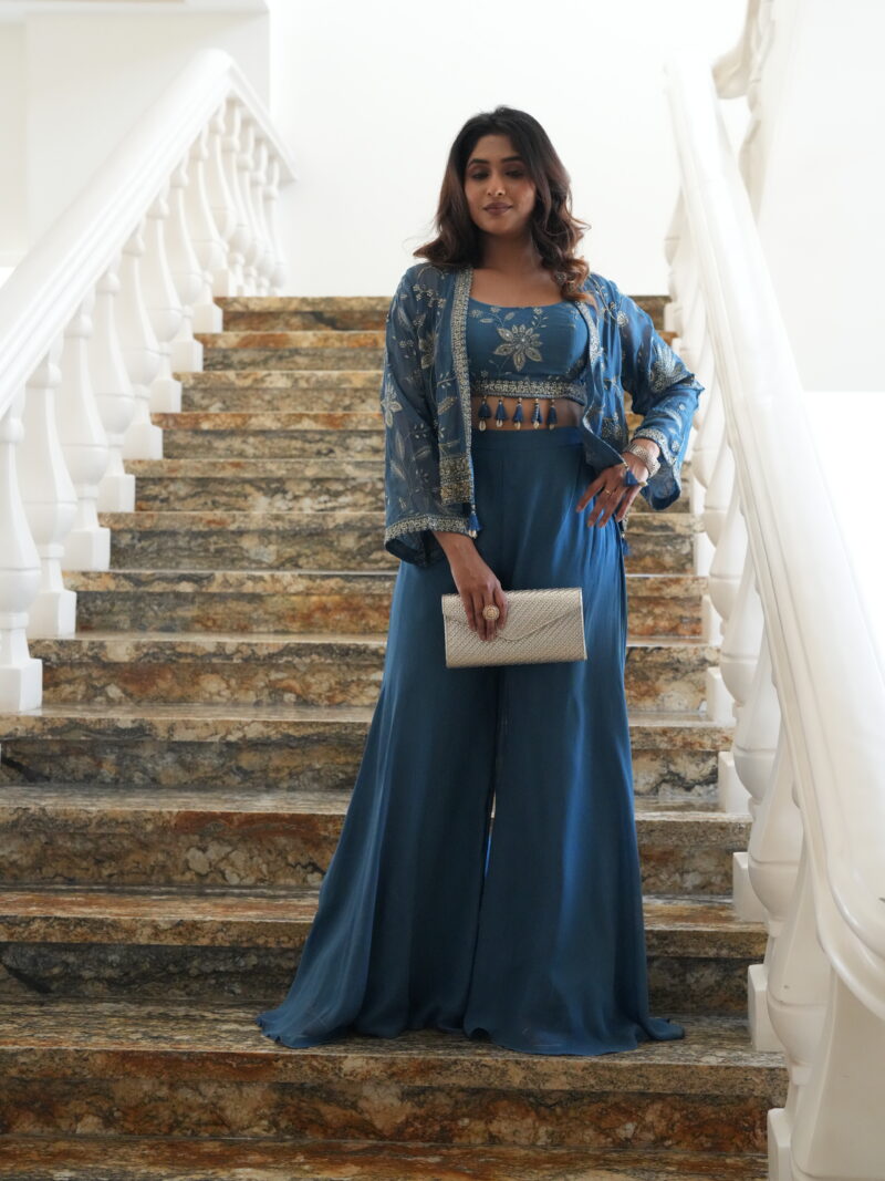 Steel Blue Embroidered Cape Style Drape Set