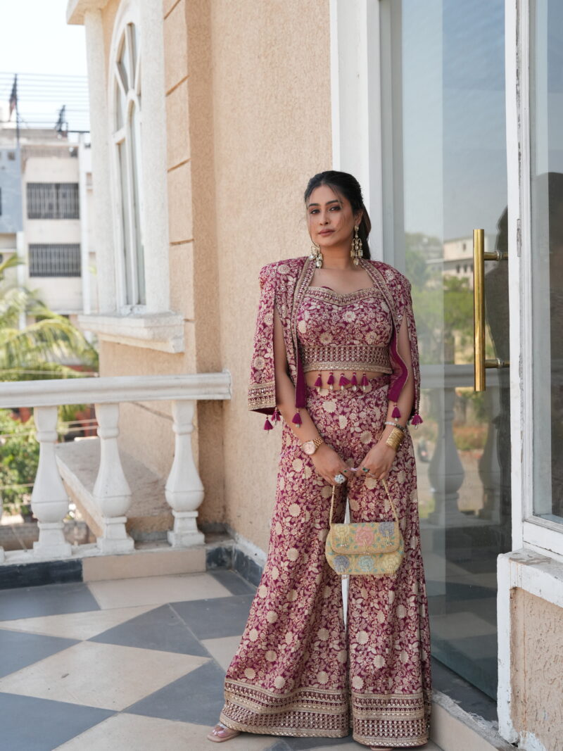 Wine Gold Brocade Cape Style Palazzo Set