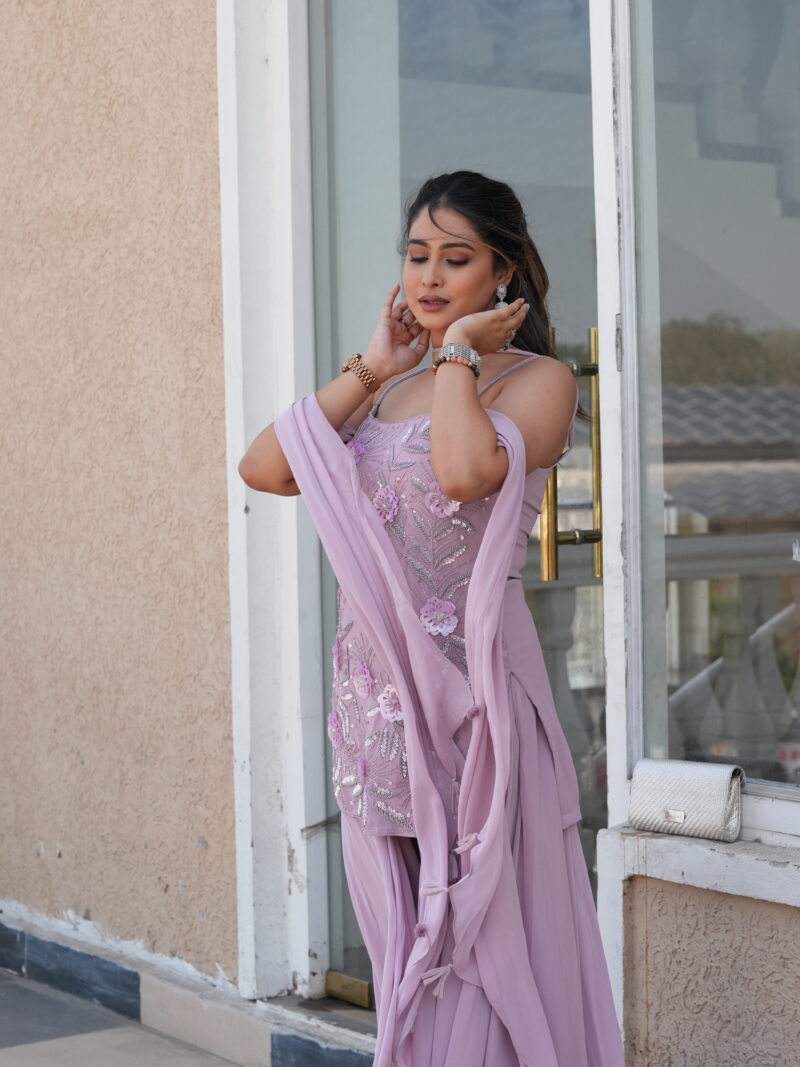 Mauve Floral Embellished Kurta Palazzo Set with Dupatta