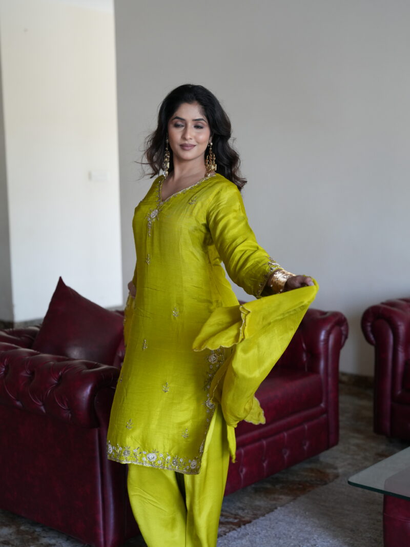 Lime Green Embroidered Kurta Set with Dupatta