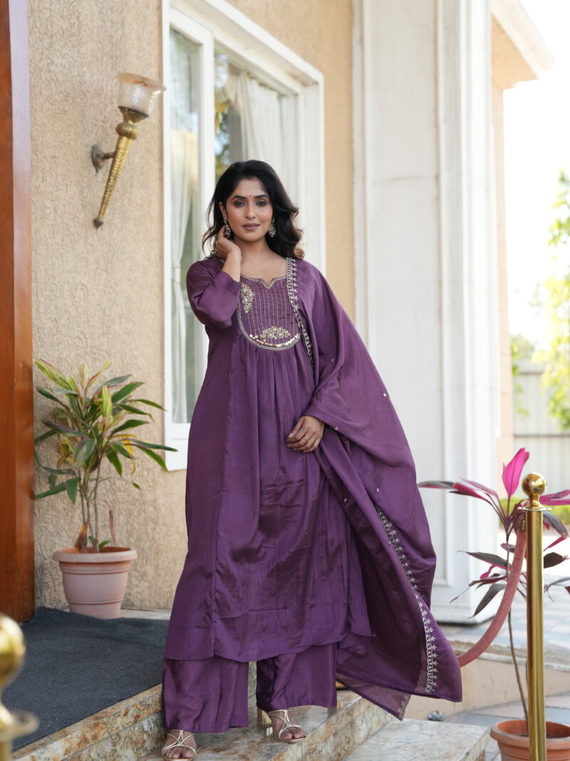 Deep Purple Embroidered Kurta Palazzo Set with Dupatta