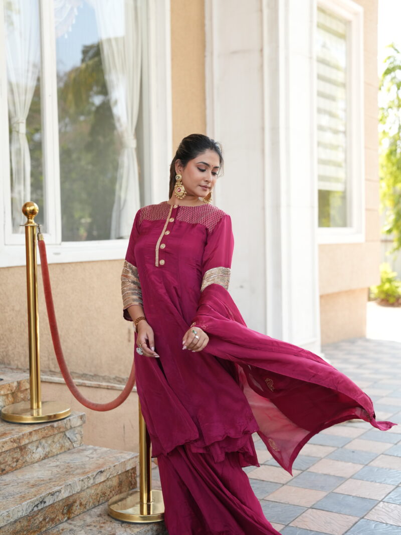 Rani Pink Embroidered Kurta Palazzo Set with Dupatta