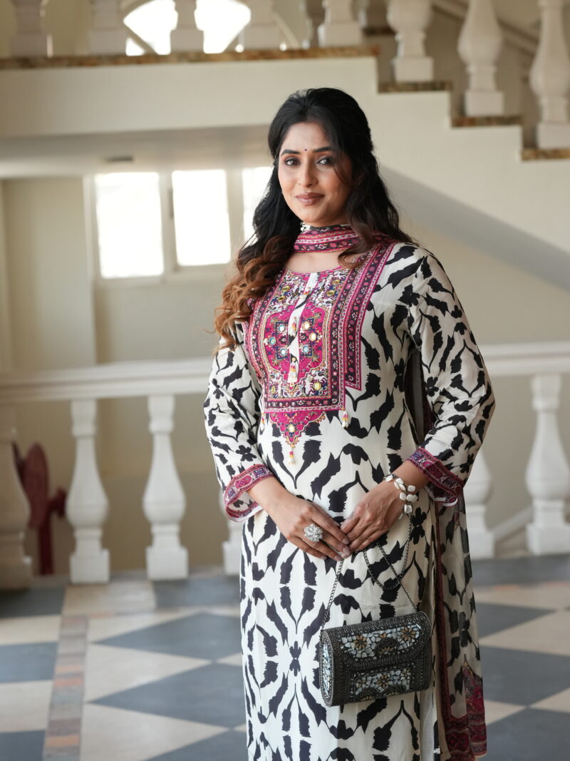 Black & White Printed Kurta Set with Embroidered Neckline