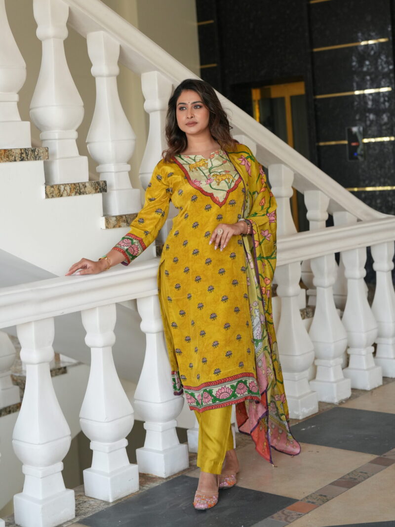 Mustard Yellow Printed Kurta Set with Floral Dupatta