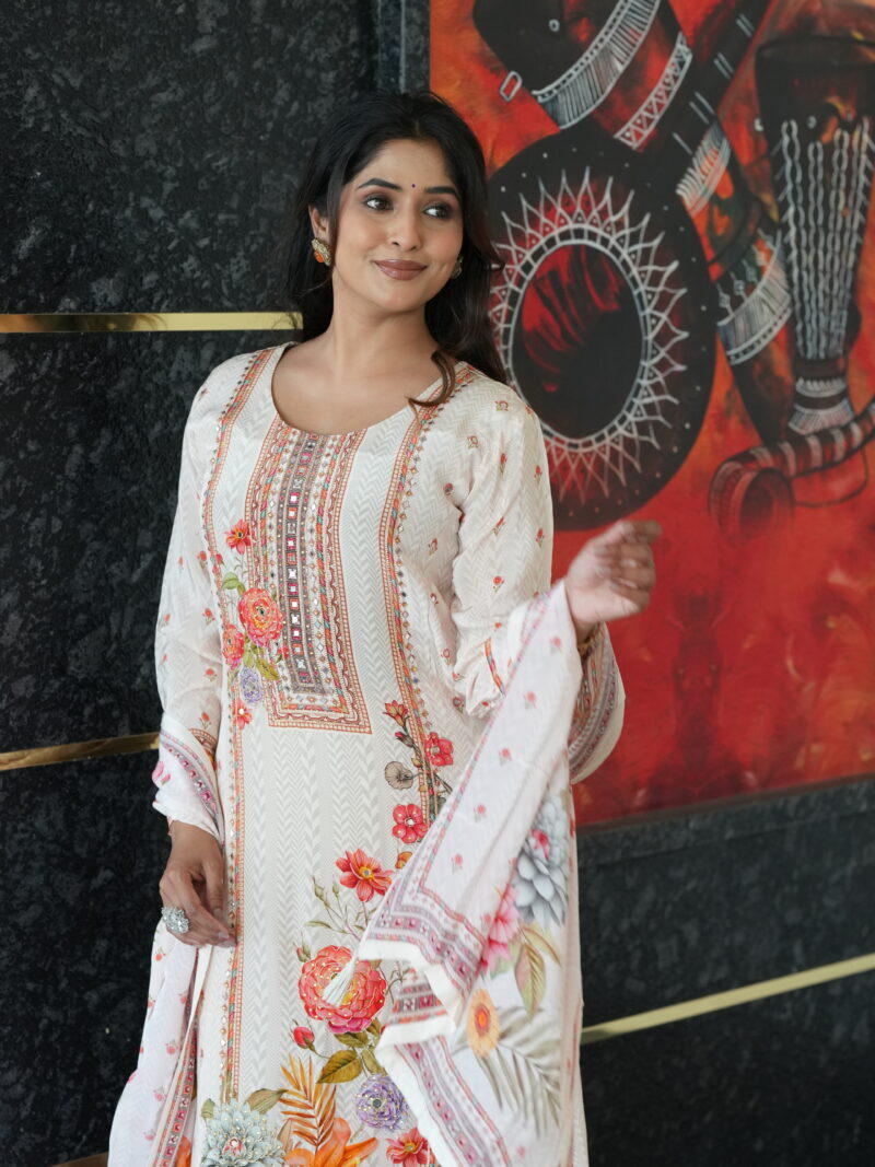 Ivory Floral Printed Anarkali Kurta Set with Dupatta