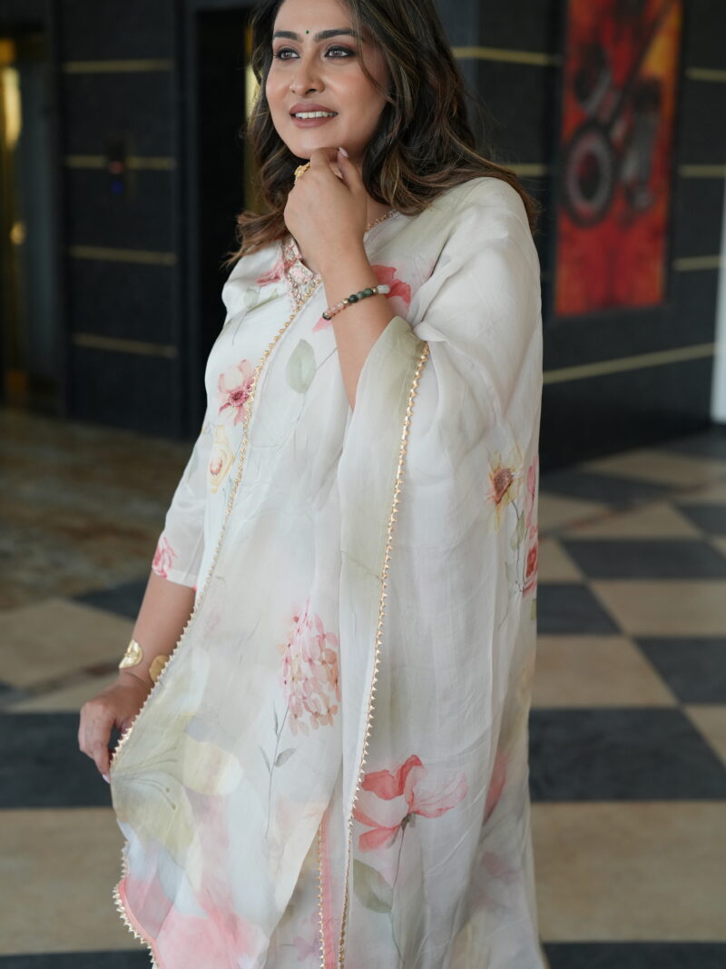 Pastel Floral Printed Straight Kurta Set with Organza Dupatta