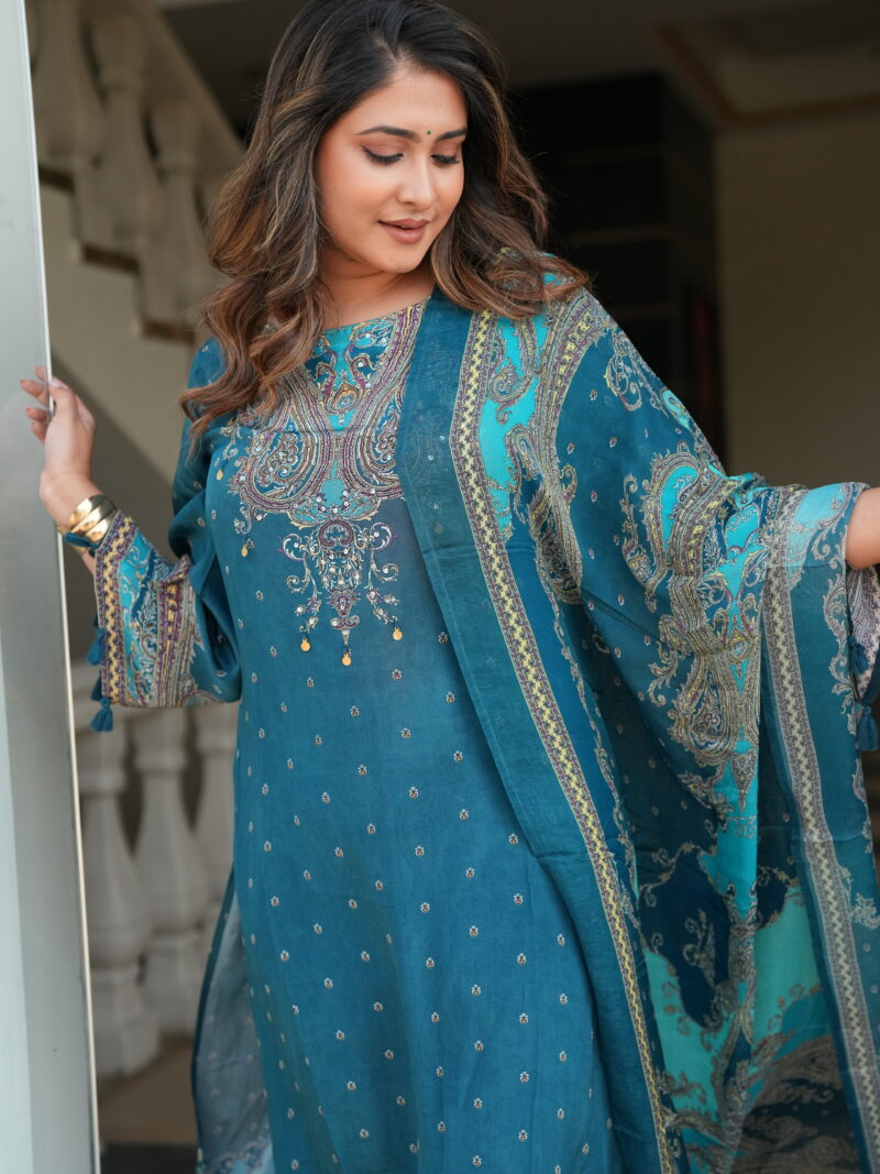Teal Blue Embroidered Kurta Set with Printed Dupatta