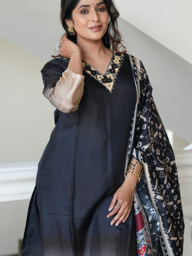 Charcoal Ombre Kurta Set with Traditional Printed Dupatta