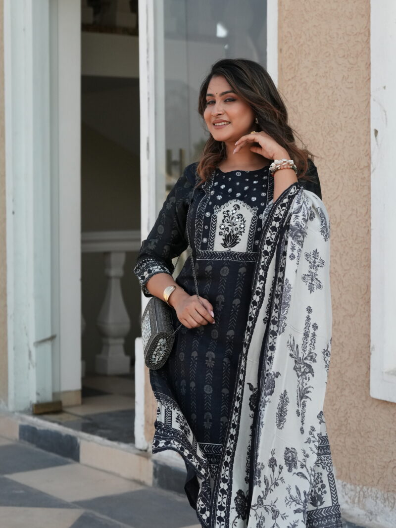 Black & Ivory Printed Kurta Set with Statement Dupatta