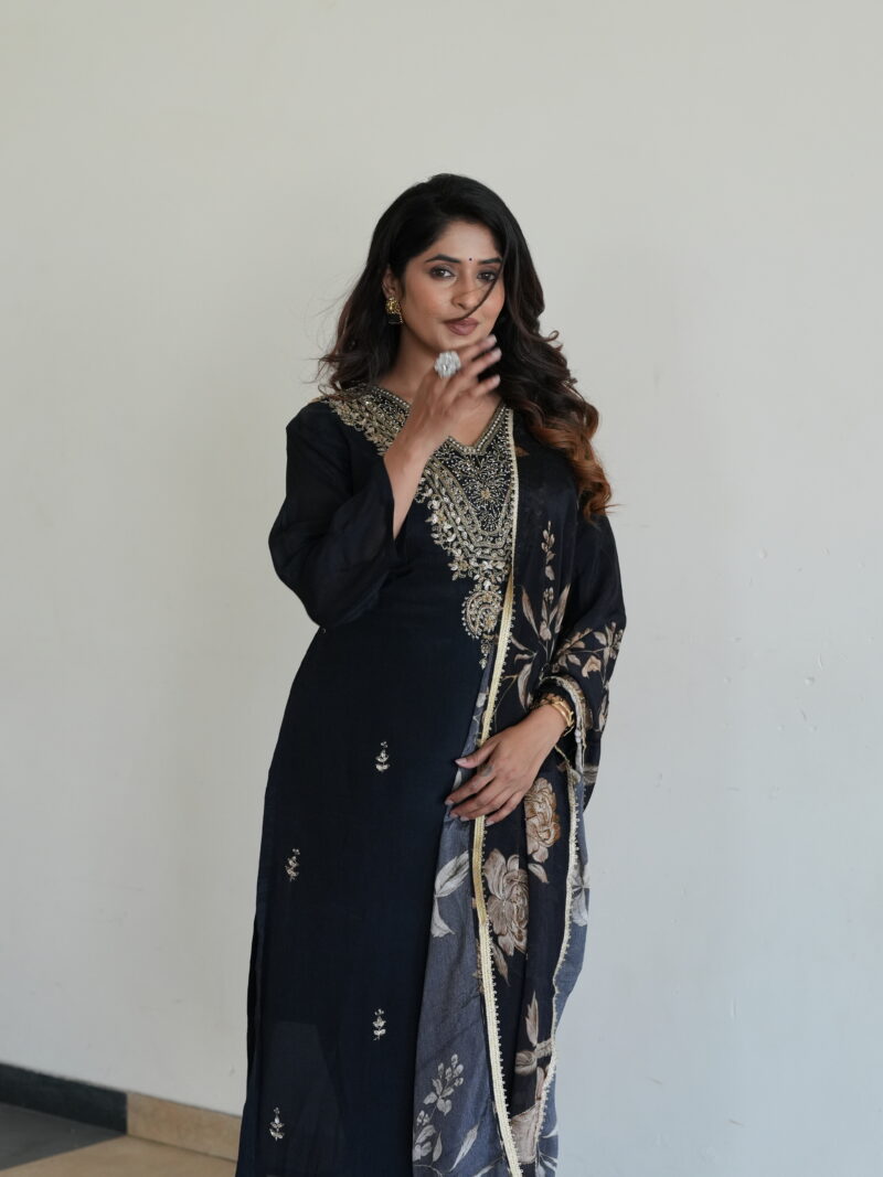 Midnight Black Embroidered Kurta Set with Floral Organza Dupatta