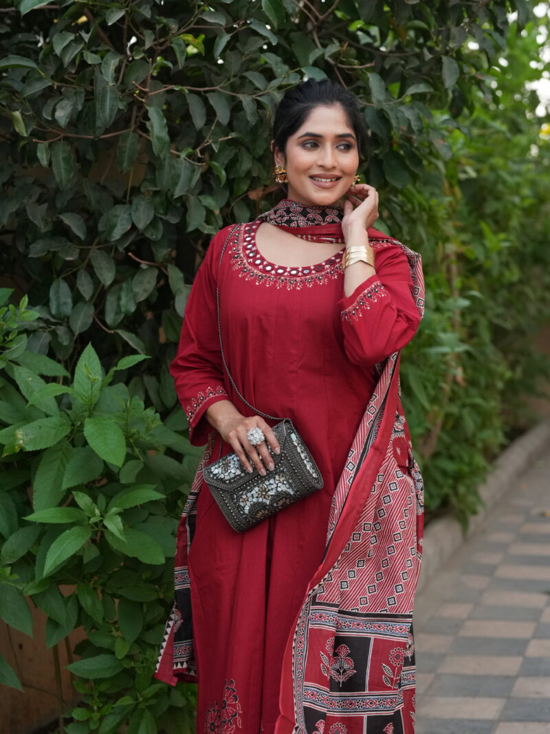 Crimson Red Embroidered Anarkali Kurta Set with Printed Dupatta
