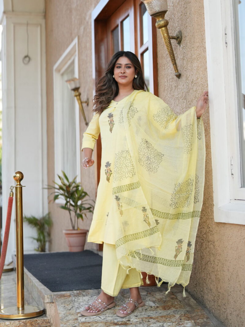 Soft Yellow Printed Kurta Set with Textured Dupatta