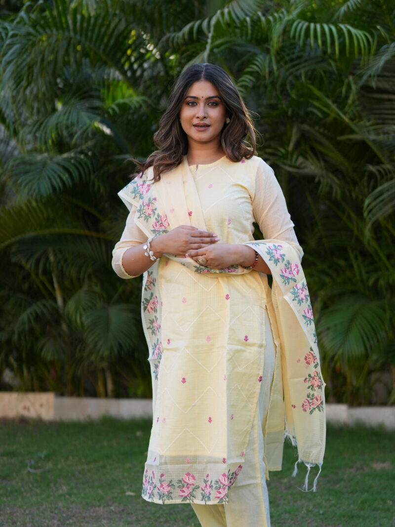 Pastel Yellow Floral Embroidered Kurta Set