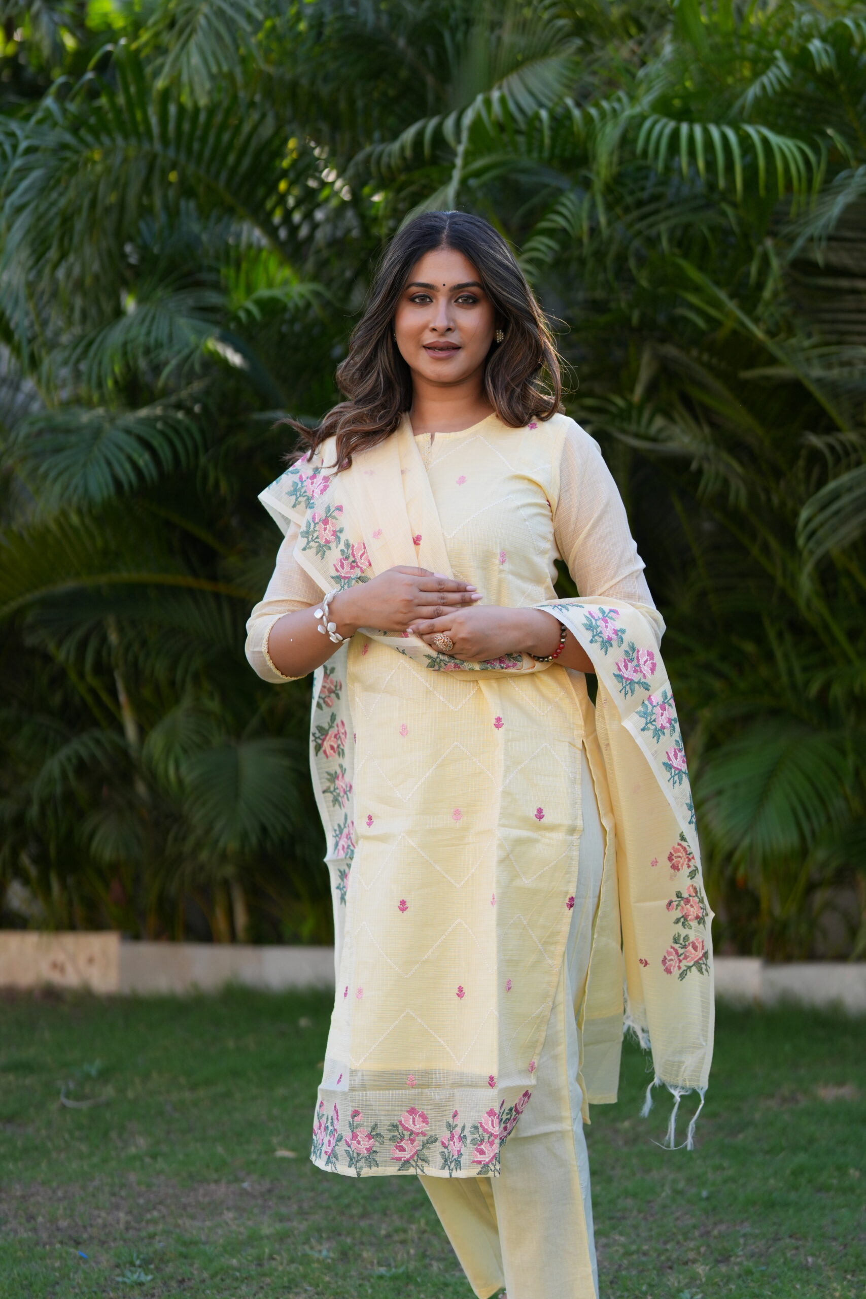 Pastel Yellow Floral Embroidered Kurta Set
