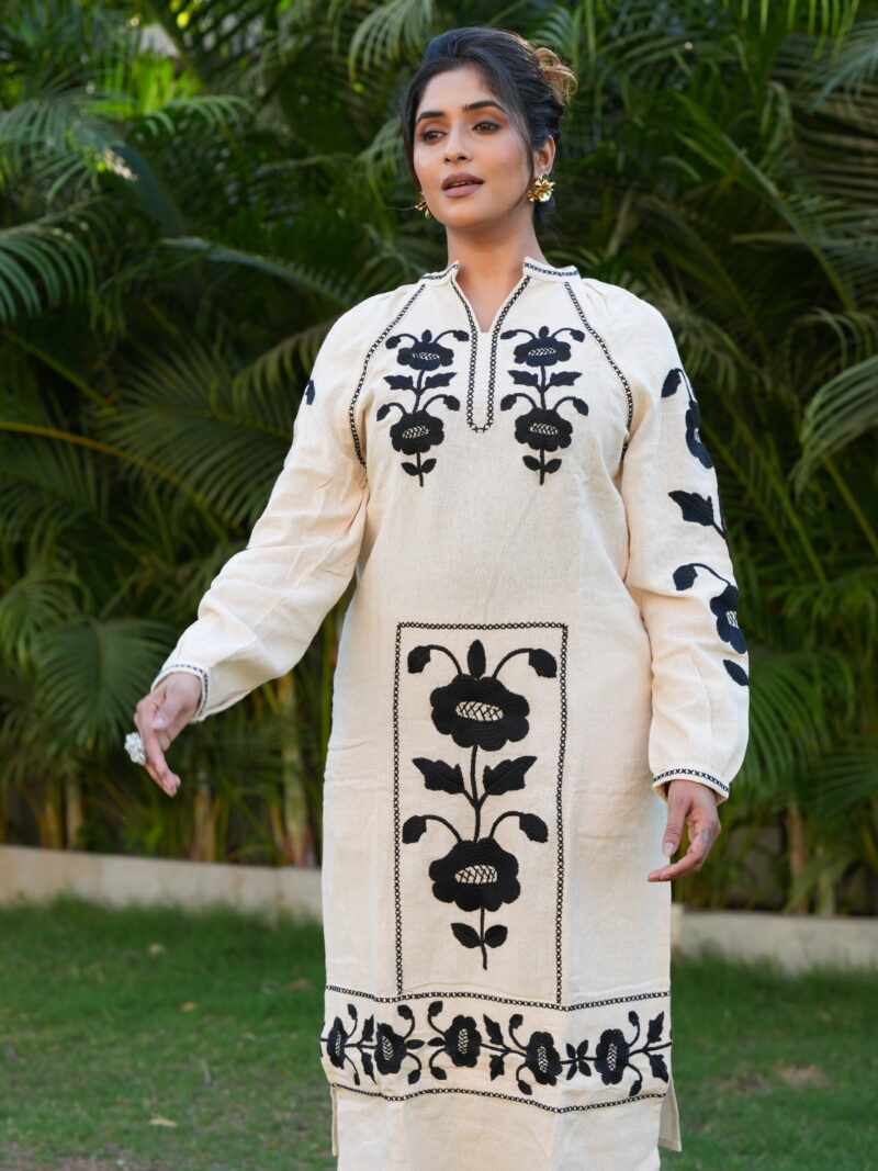Ivory & Black Floral Embroidered Kurta Set
