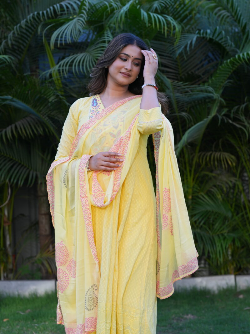 Elegant Lemon Yellow Embroidered Kurta Set with Dupatta