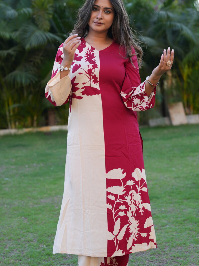 Crimson Red Floral Printed Kurta Set