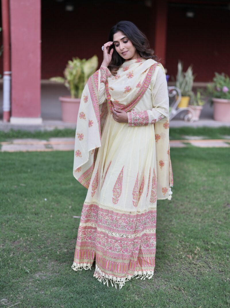 Pastel Yellow Anarkali Suit with Floral Border & Dupatta