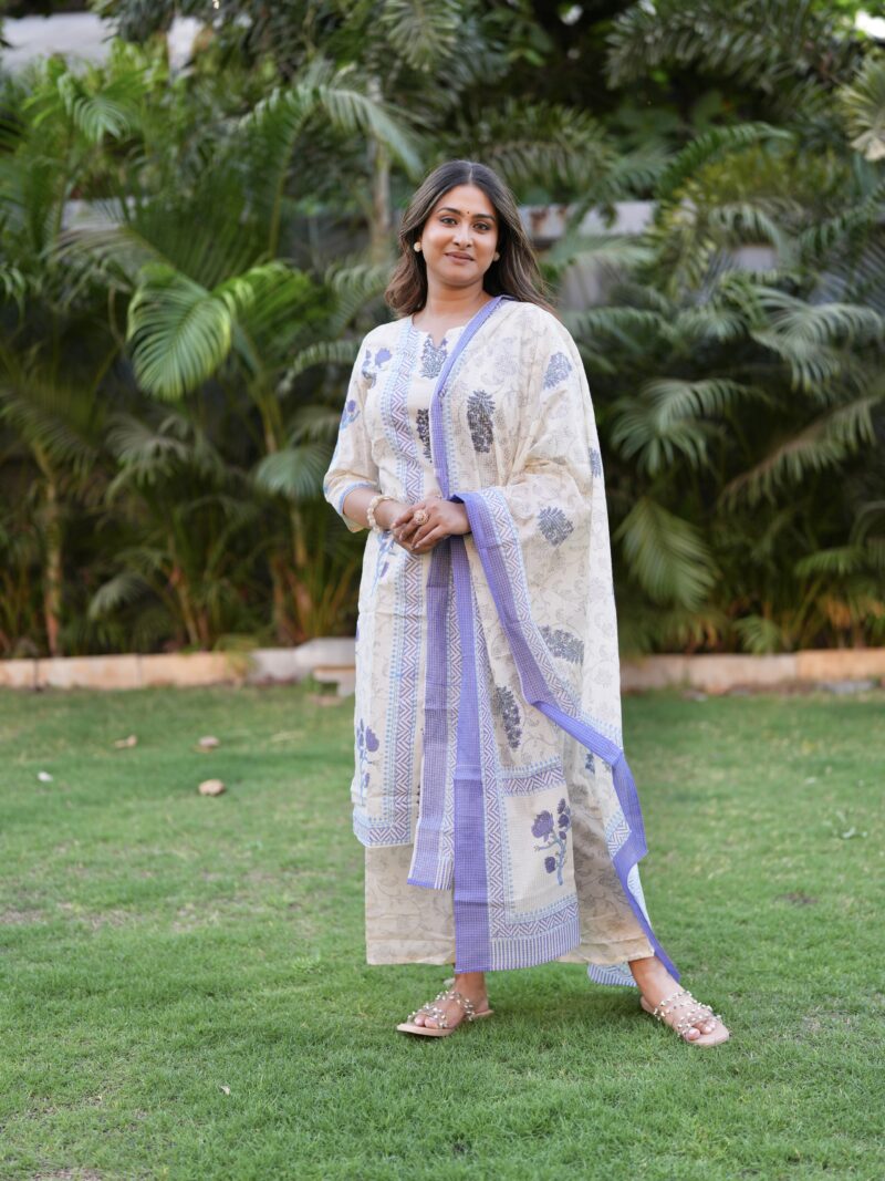 Ivory & Blue Floral Printed Kurta Set with Dupatta