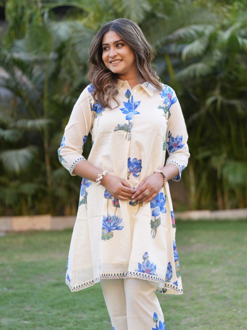 Ivory Blue Floral Printed Kurta Set