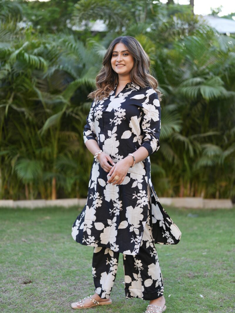 Floral Black Cotton Kurta Set