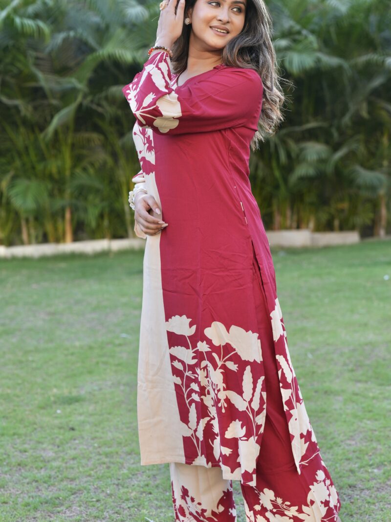Crimson Red Floral Printed Kurta Set