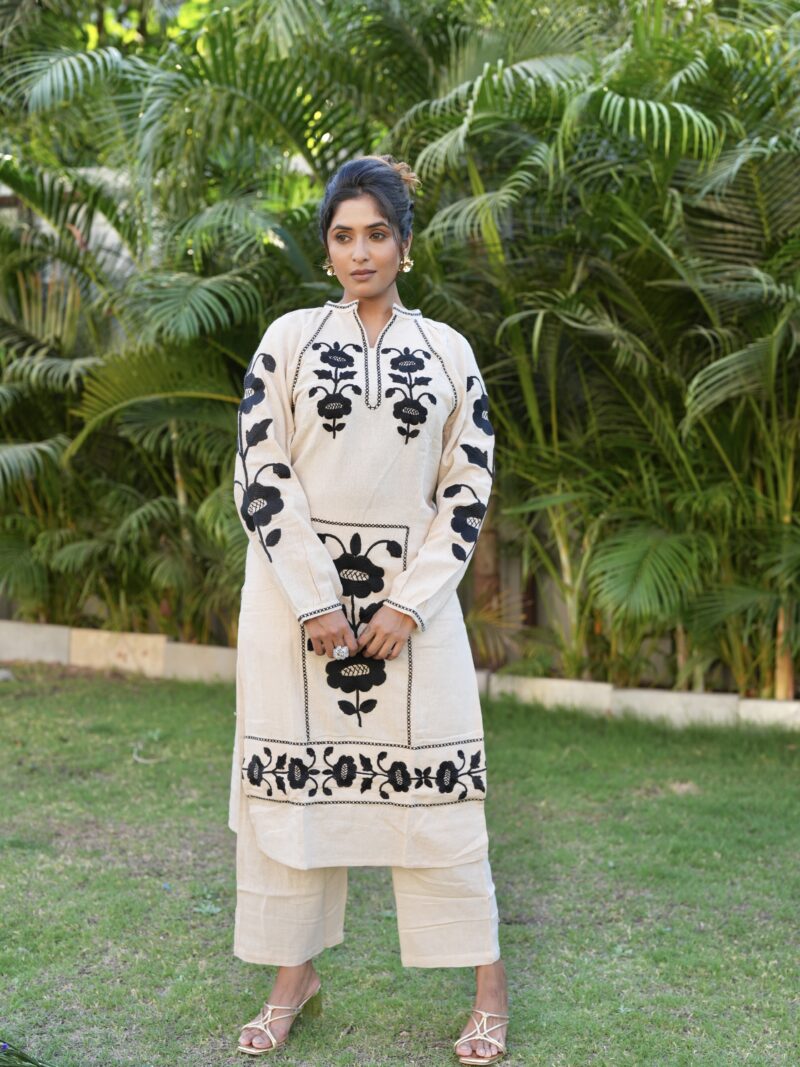 Ivory & Black Floral Embroidered Kurta Set