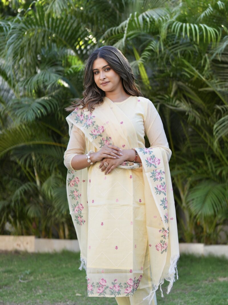 Pastel Yellow Floral Embroidered Kurta Set