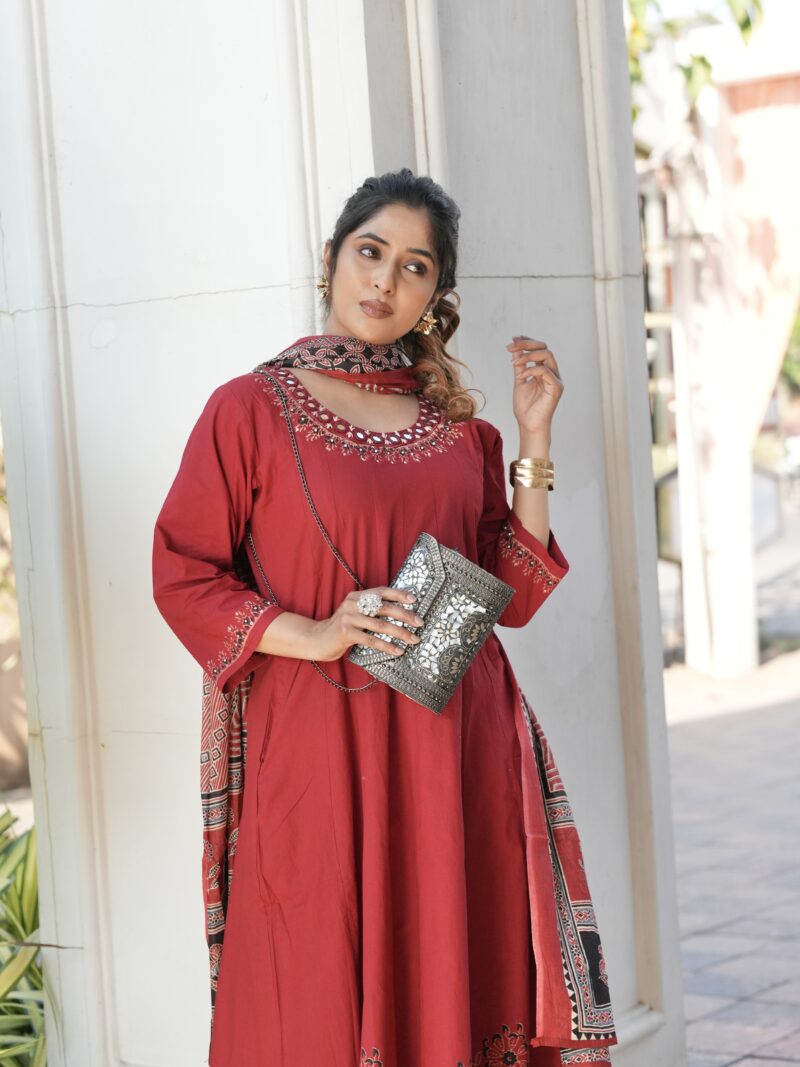 Crimson Red Embroidered Anarkali Kurta Set with Printed Dupatta