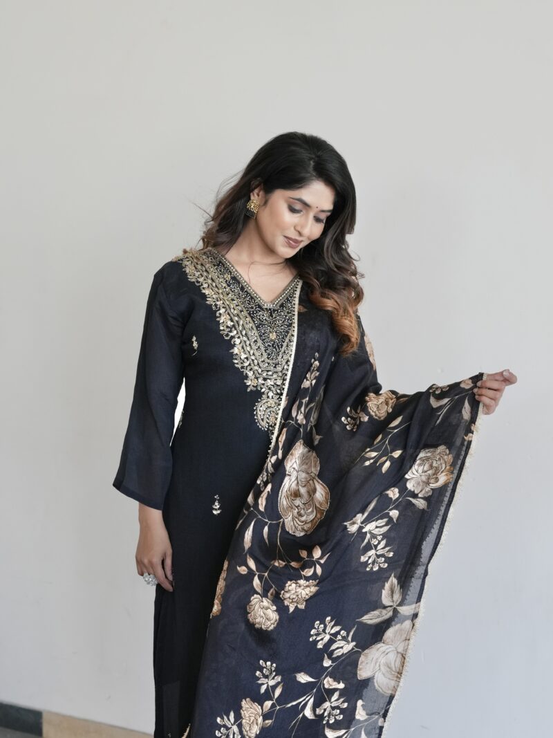 Midnight Black Embroidered Kurta Set with Floral Organza Dupatta