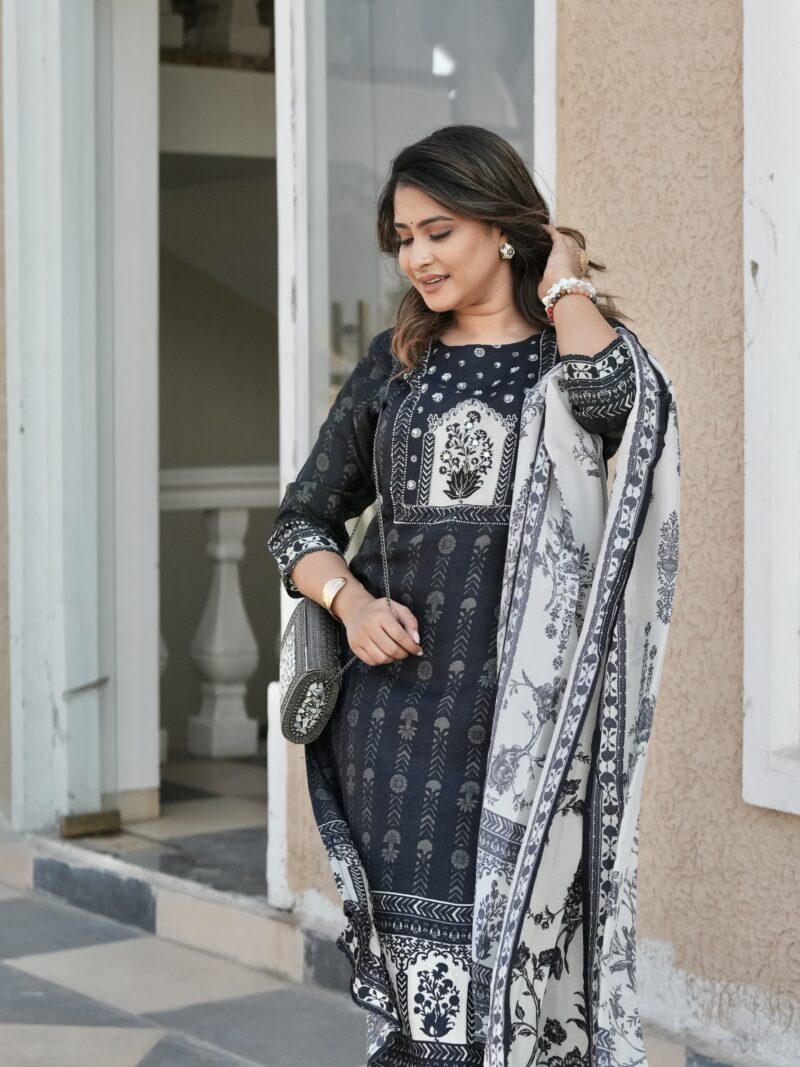 Black & Ivory Printed Kurta Set with Statement Dupatta
