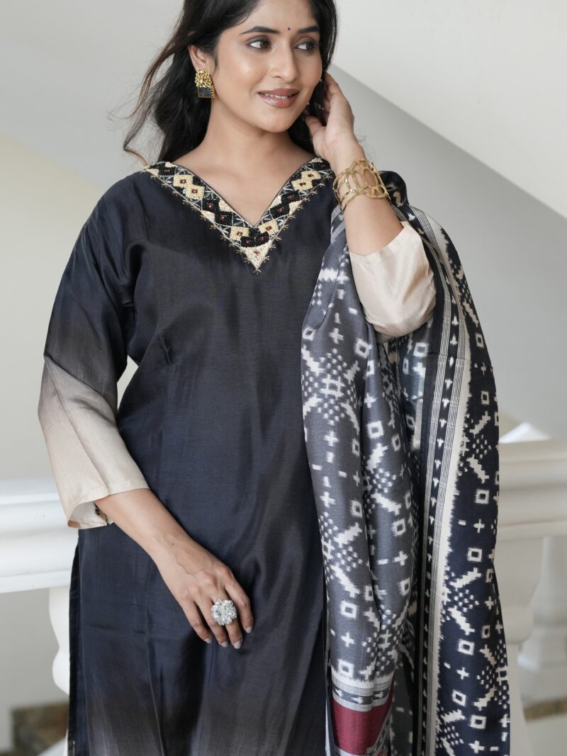 Charcoal Ombre Kurta Set with Traditional Printed Dupatta