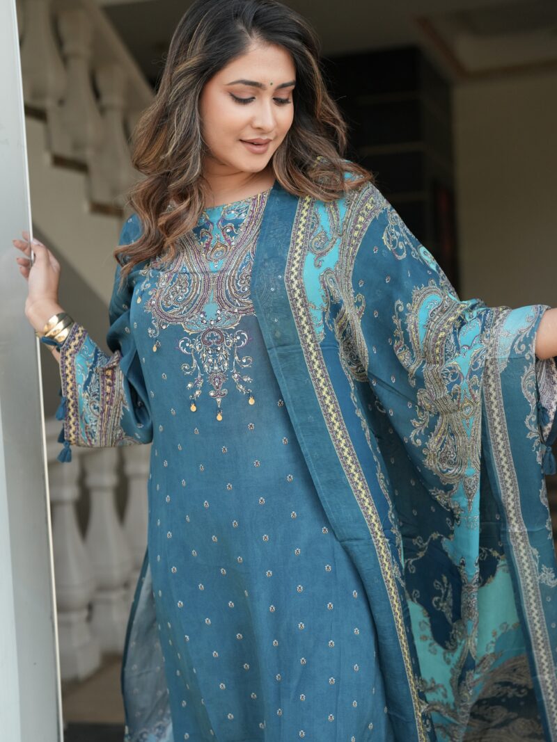 Teal Blue Embroidered Kurta Set with Printed Dupatta