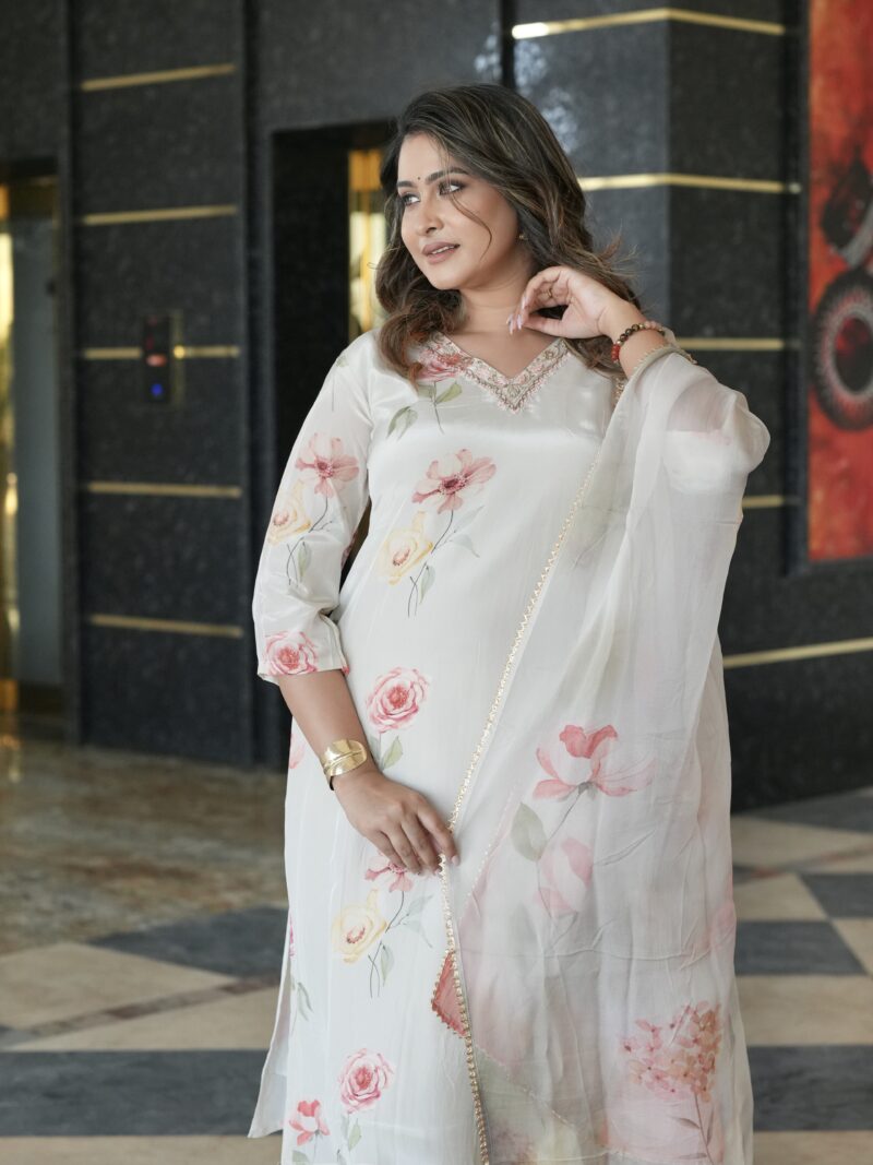 Pastel Floral Printed Straight Kurta Set with Organza Dupatta