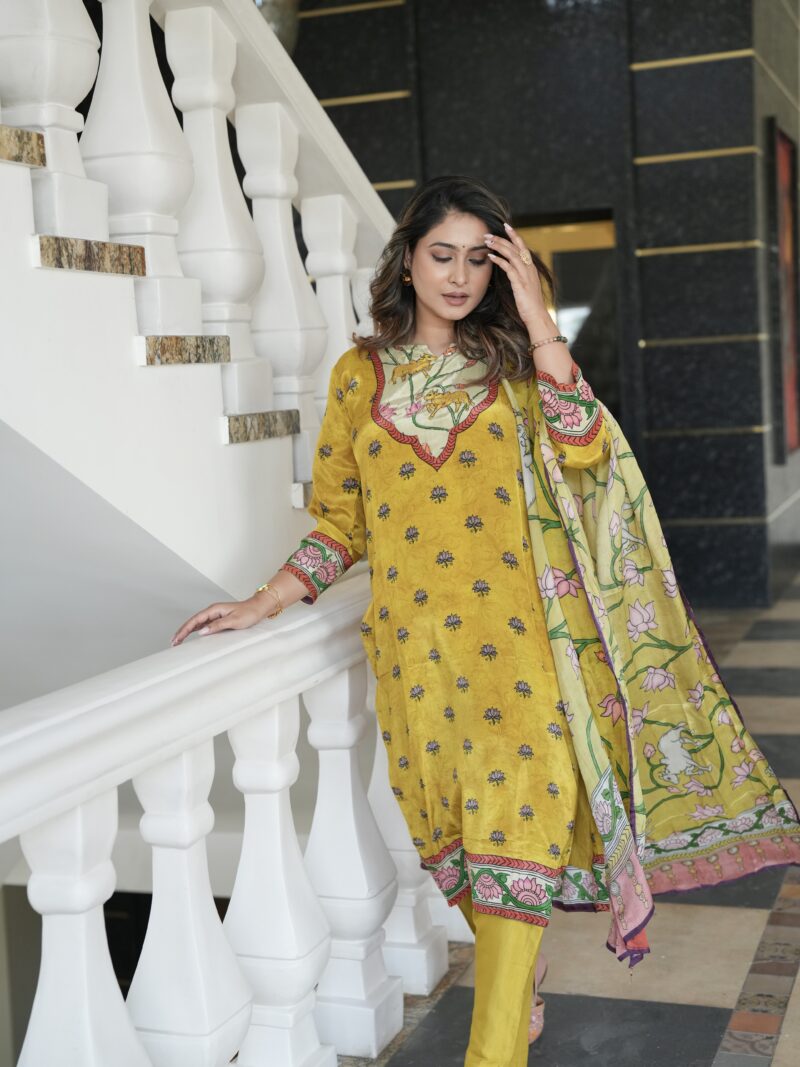 Mustard Yellow Printed Kurta Set with Floral Dupatta