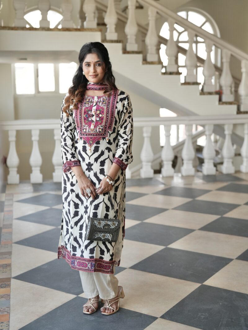 Black & White Printed Kurta Set with Embroidered Neckline